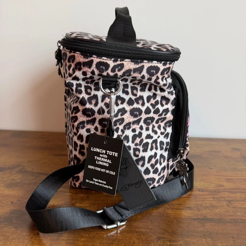 New Ed Hardy Cooler Lunch Box Bag Crossbody Brown Leopard Rose Y2K Retro